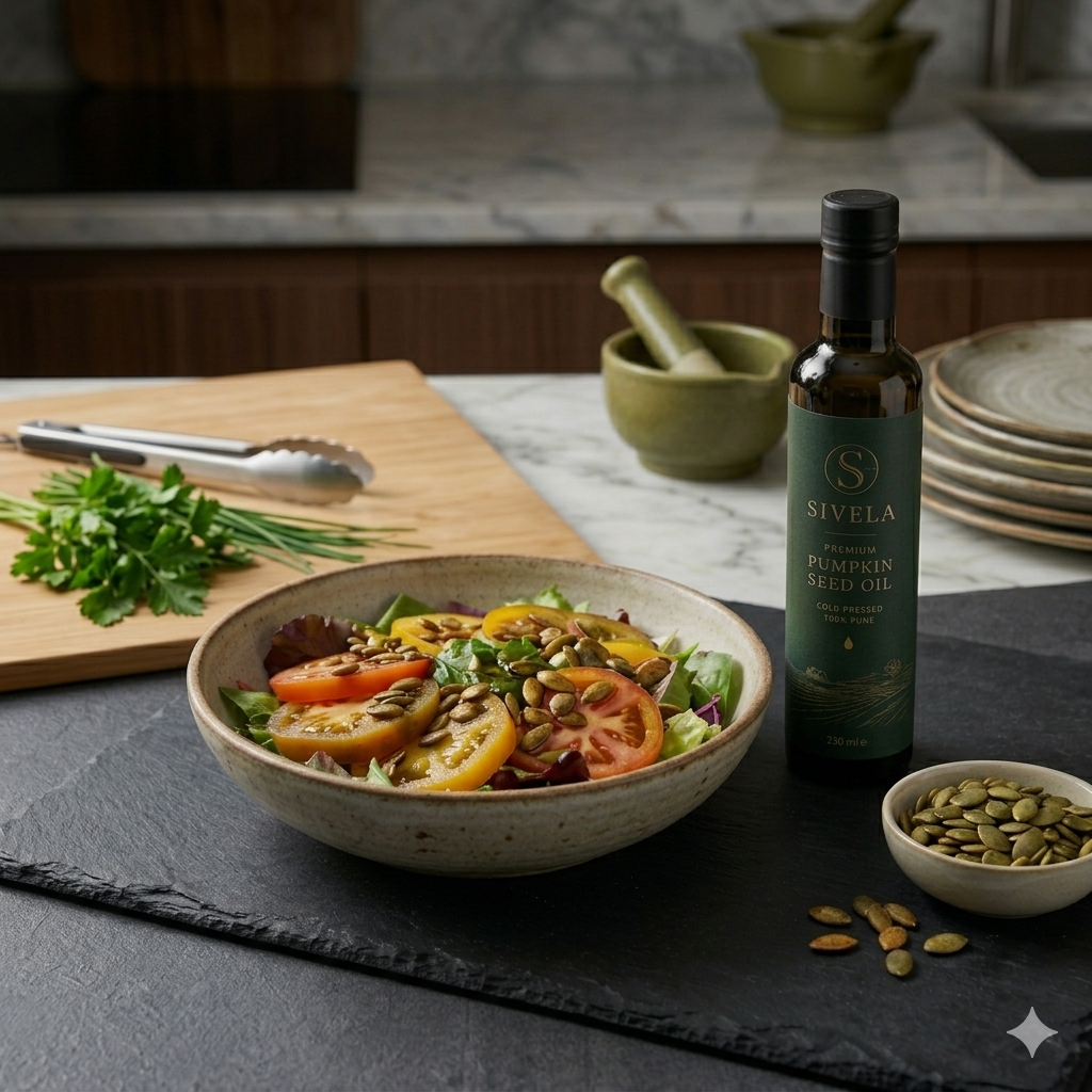 SIVELA pumpkin seed oil drizzled over a fresh seasonal salad