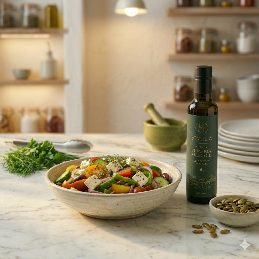 Organic pumpkin seeds in a rustic stone bowl under warm dramatic light