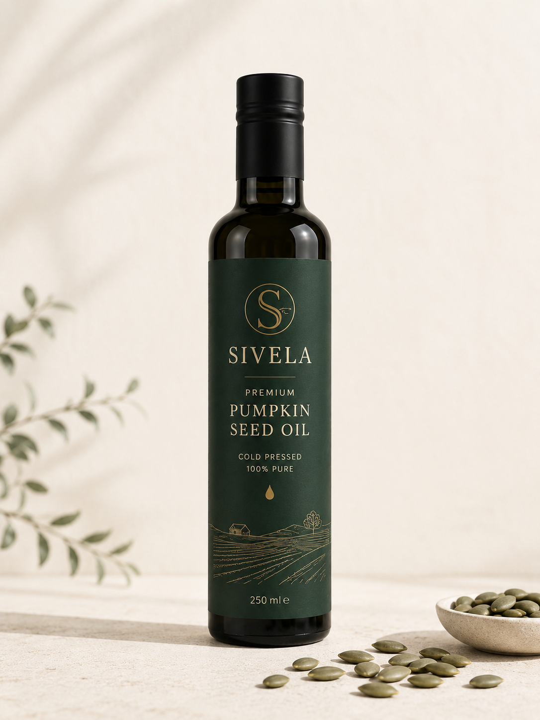 SIVELA Premium Pumpkin Seed Oil 750ml bottle — lifestyle shot